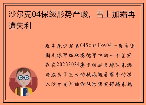 沙尔克04保级形势严峻，雪上加霜再遭失利