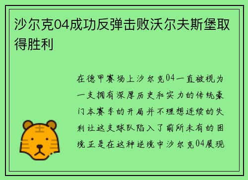沙尔克04成功反弹击败沃尔夫斯堡取得胜利