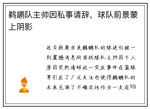 鹈鹕队主帅因私事请辞，球队前景蒙上阴影