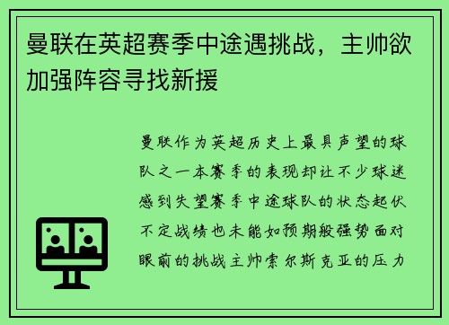 曼联在英超赛季中途遇挑战，主帅欲加强阵容寻找新援