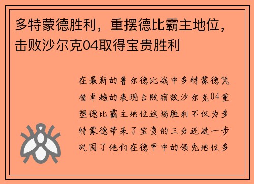 多特蒙德胜利，重摆德比霸主地位，击败沙尔克04取得宝贵胜利