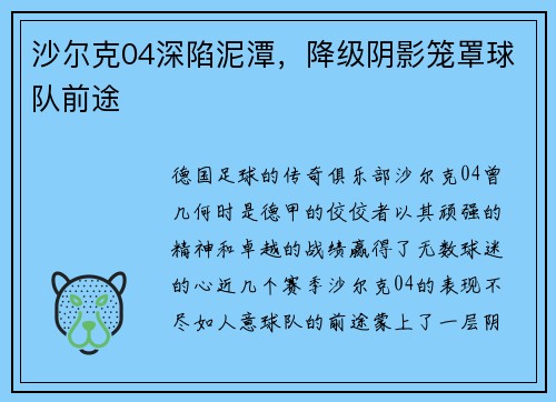 沙尔克04深陷泥潭，降级阴影笼罩球队前途