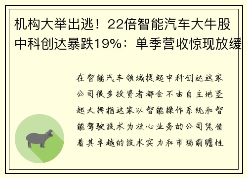 机构大举出逃！22倍智能汽车大牛股中科创达暴跌19%：单季营收惊现放缓