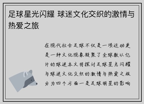 足球星光闪耀 球迷文化交织的激情与热爱之旅
