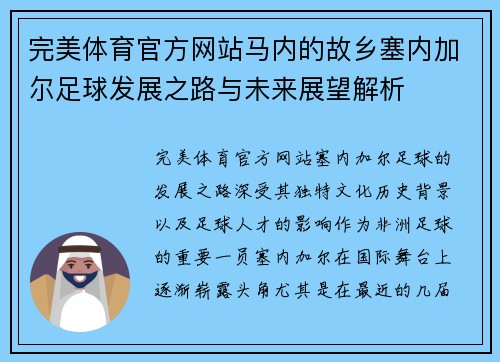 完美体育官方网站马内的故乡塞内加尔足球发展之路与未来展望解析