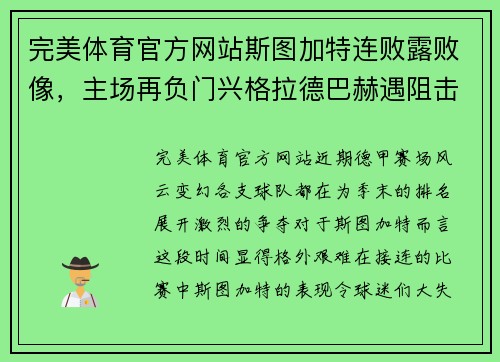 完美体育官方网站斯图加特连败露败像，主场再负门兴格拉德巴赫遇阻击