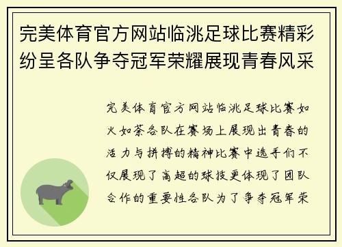 完美体育官方网站临洮足球比赛精彩纷呈各队争夺冠军荣耀展现青春风采