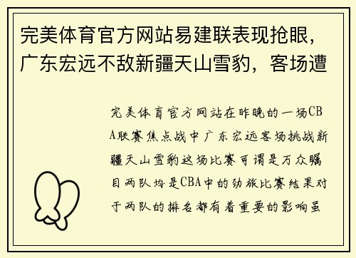 完美体育官方网站易建联表现抢眼，广东宏远不敌新疆天山雪豹，客场遭遇两连败