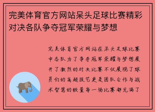 完美体育官方网站呆头足球比赛精彩对决各队争夺冠军荣耀与梦想