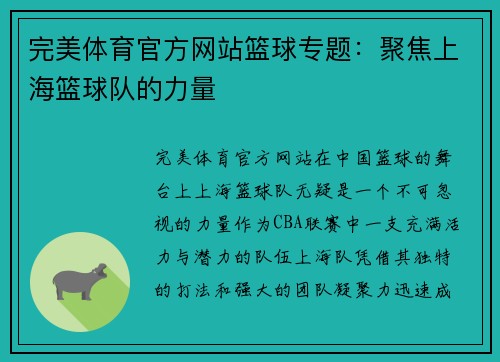 完美体育官方网站篮球专题：聚焦上海篮球队的力量