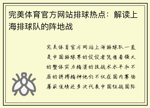 完美体育官方网站排球热点：解读上海排球队的阵地战