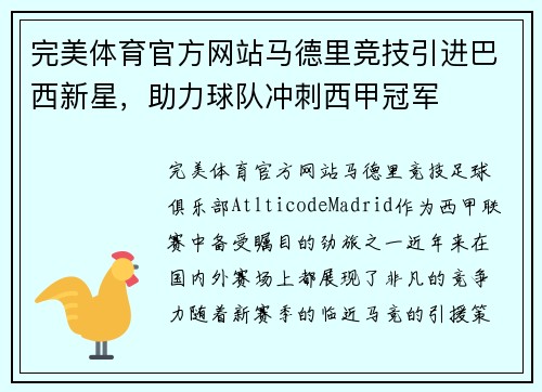 完美体育官方网站马德里竞技引进巴西新星，助力球队冲刺西甲冠军